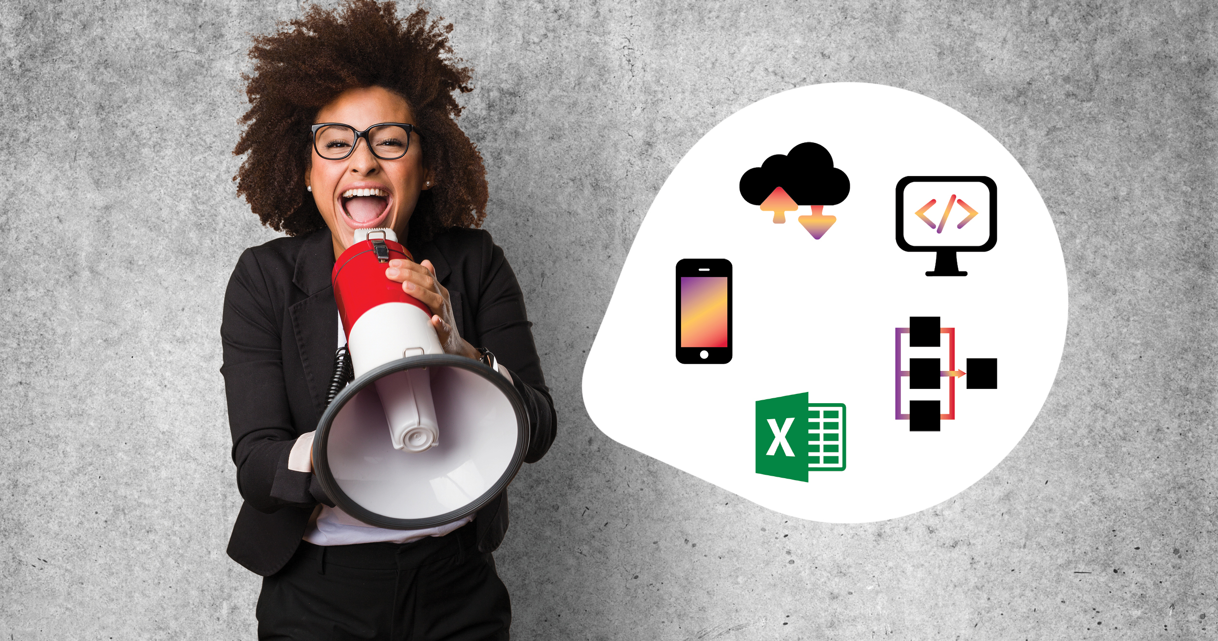 happy businesswoman shouting into megaphone